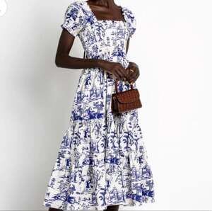 o.p.t Daphne Blue and White Toile Print Cotton Smocked Puff Sleeve Midi Dress